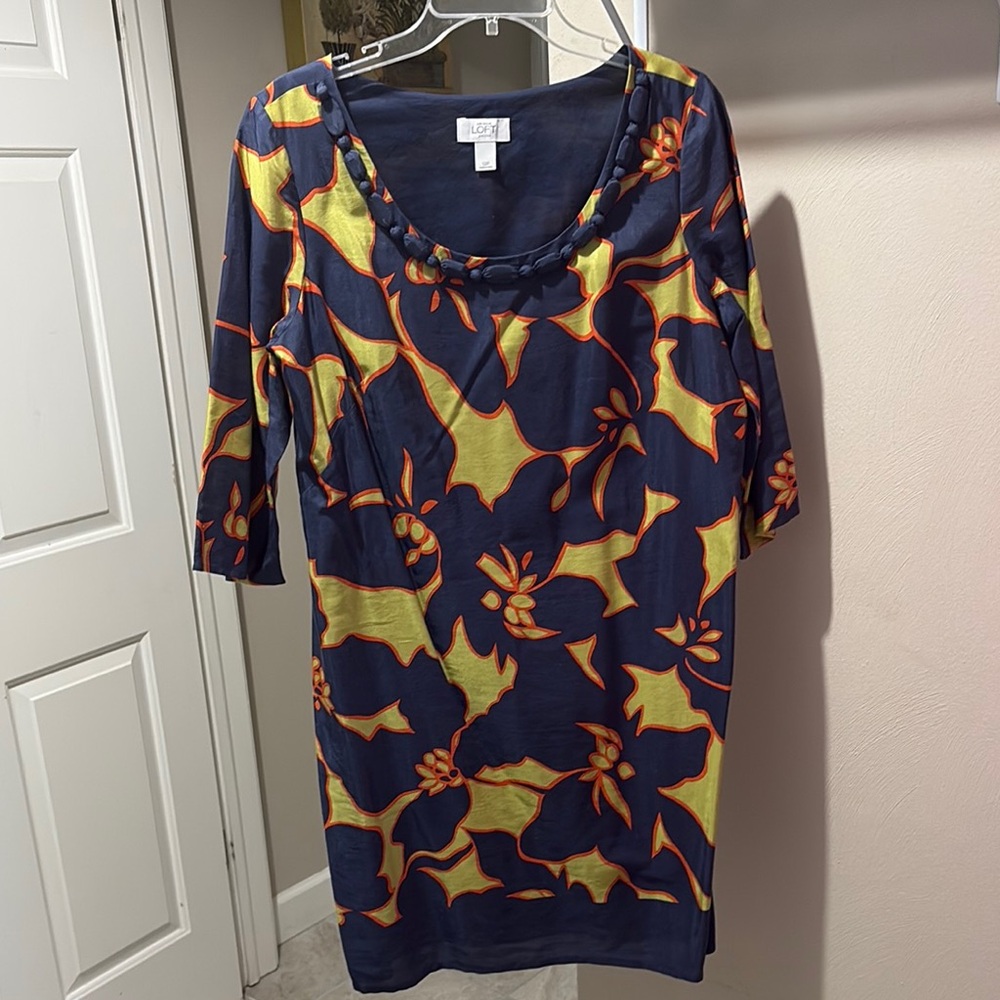 EUC Ann Taylor Loft Navy Dress with Bold Orange and Green Floral Design